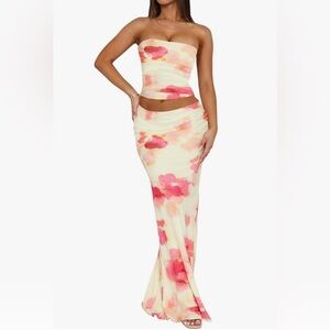 Floral Maxi Two Piece Skirt Set - Pink & Yellow